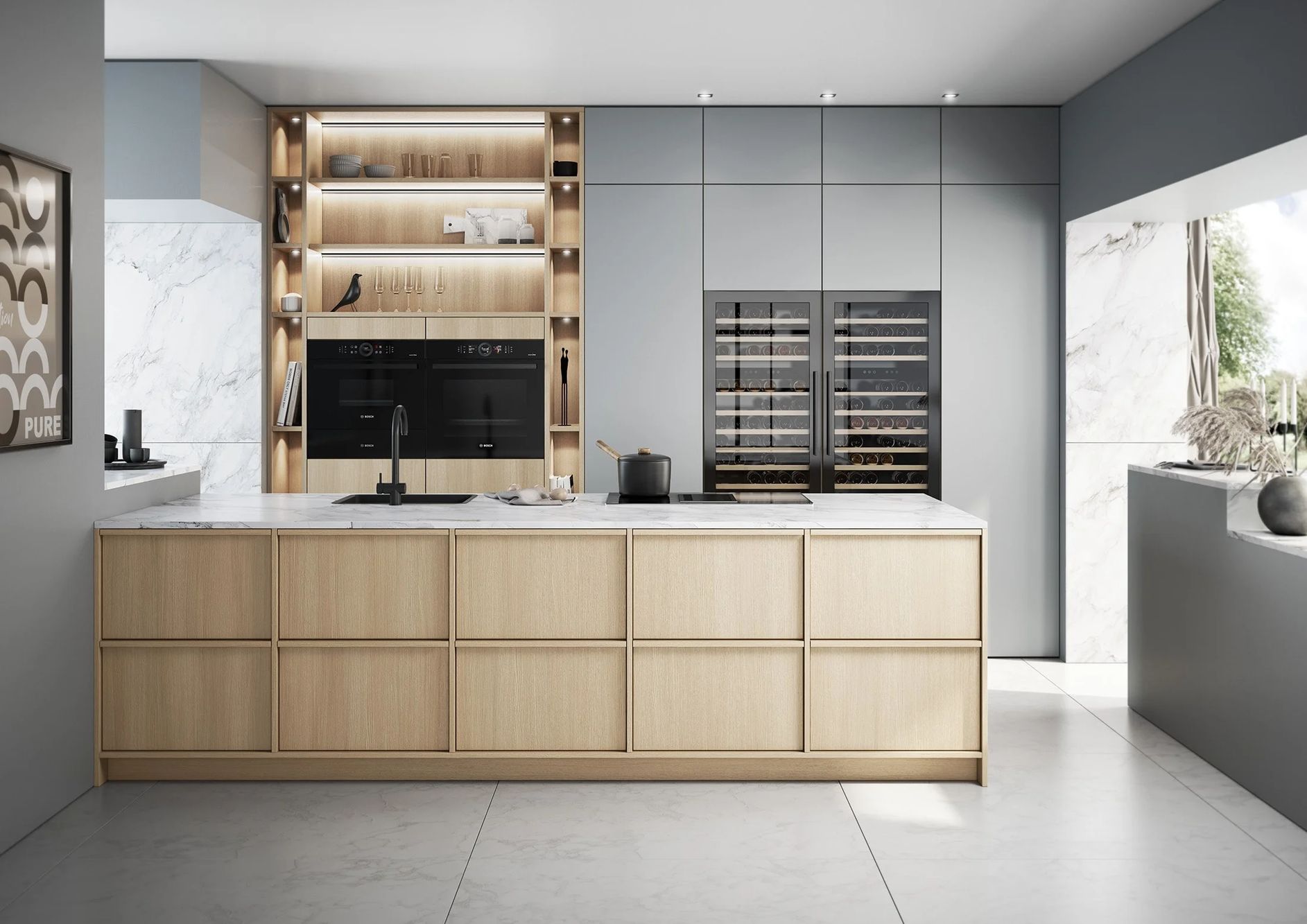 bauformat kuechen bauformat-moderne-inselkueche-eiche-grau-marmor