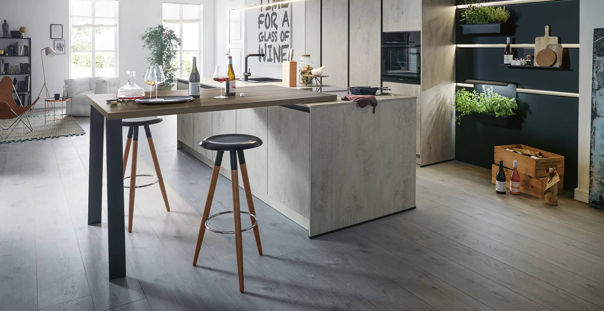 Schüller Inselküche Designstil Beton Quarzgrau