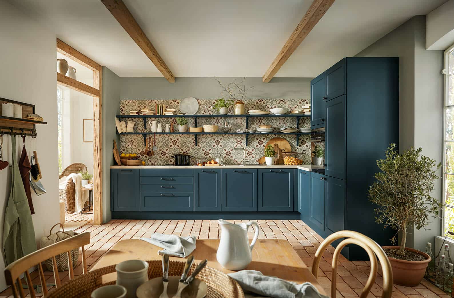 Schüller L-Küche Landhausstil Petrolblau