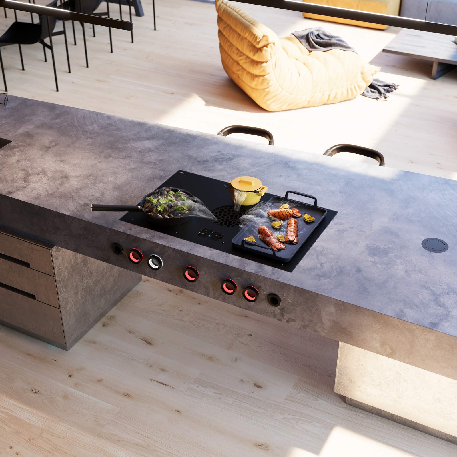 Bora X Pure Max Kochfeld mit Grillpfanne und beleuchteten Bedienknebeln