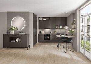 Kleine Küchen: Nobilia Küchenzeile in Taupegrau mit Essplatz und Sideboard